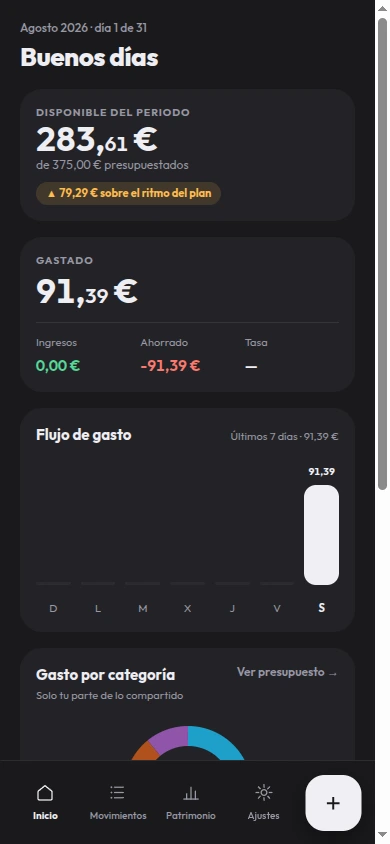 Pantalla de Inicio de BaseCero: disponible del periodo, gastado, ingresos, ahorro y gasto por categoría del día.