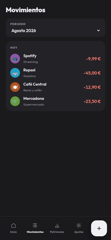 Pantalla de Movimientos: lista de gastos del periodo agrupados por día, con categoría e importe de cada uno.