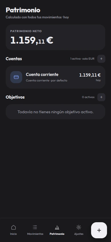 Pantalla de Patrimonio: patrimonio neto total, cuentas activas y objetivos de ahorro.