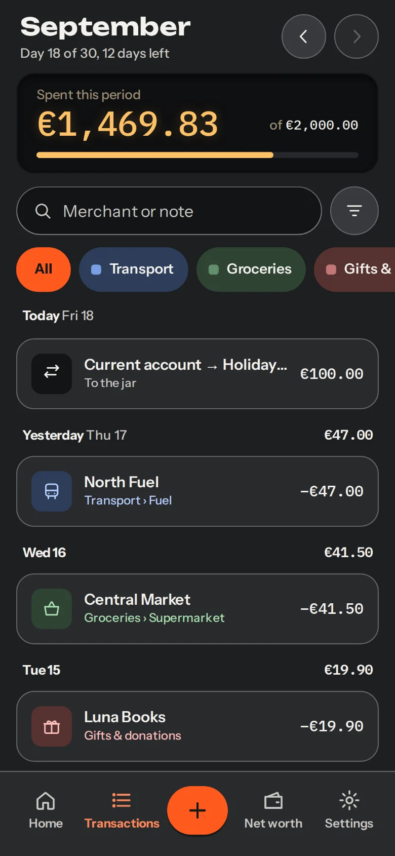 September transactions in dark theme: €1,469.83 spent of €2,000.00, search, category filters and the list grouped by day.