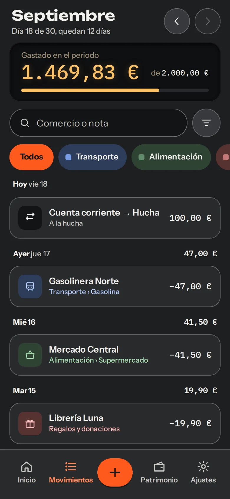 Movimientos de septiembre en tema oscuro: 1.469,83 € gastados de 2.000,00 €, buscador, filtros por categoría y la lista agrupada por día.
